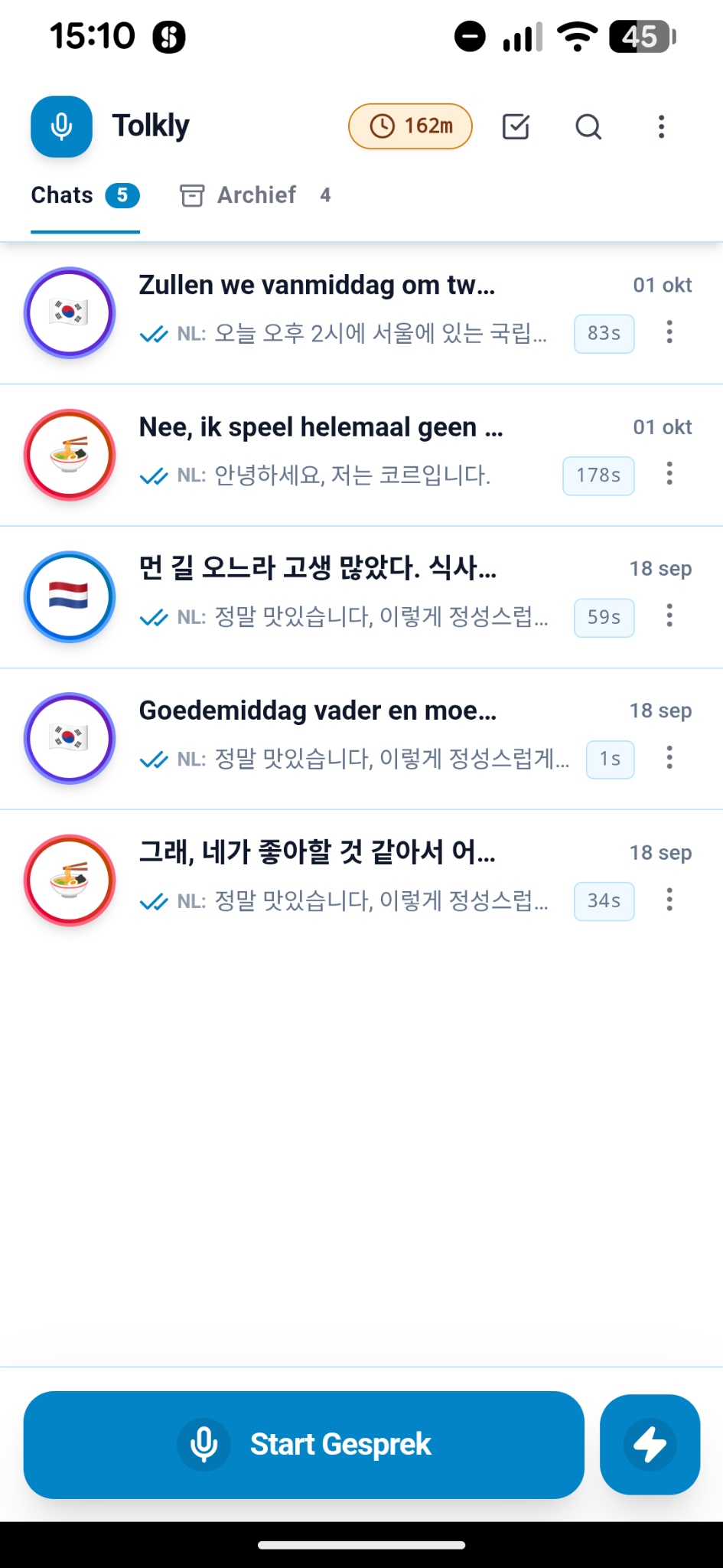 Tolkly-startscherm met gesprekken, archief en de knop Start Gesprek